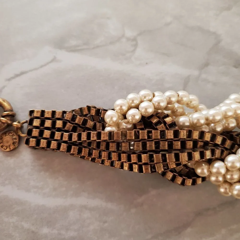 💕 J.Crew Twisted Knot Pearl Box Chain Antiqued Distressed Vintage Bracelet 💕